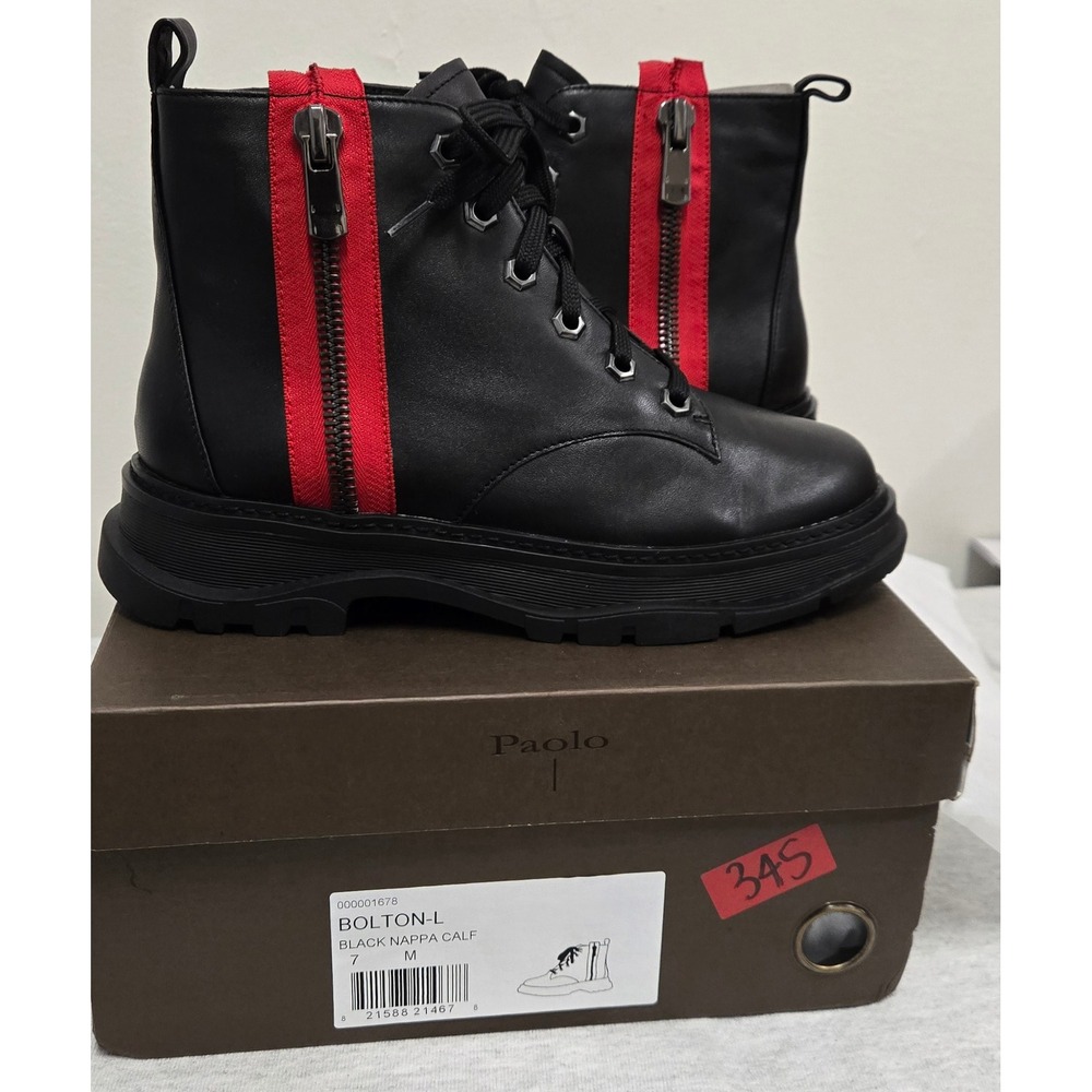 Paolo Bolton-L Black Nappa Calf Leather Combat Boots Red Zip Detail 7M
